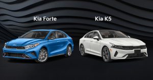 Blue 2024 Kia Forte and White 2024 Kia K5 with a black background