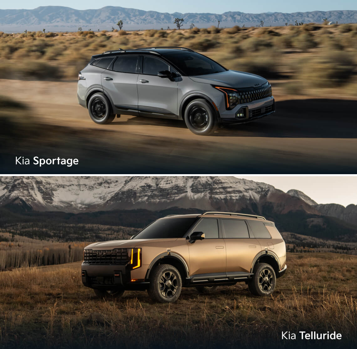 Split view of the side of gray Kia Sportage driving in a desert and front three-quarter view of bronze Kia Telluride near mountains.