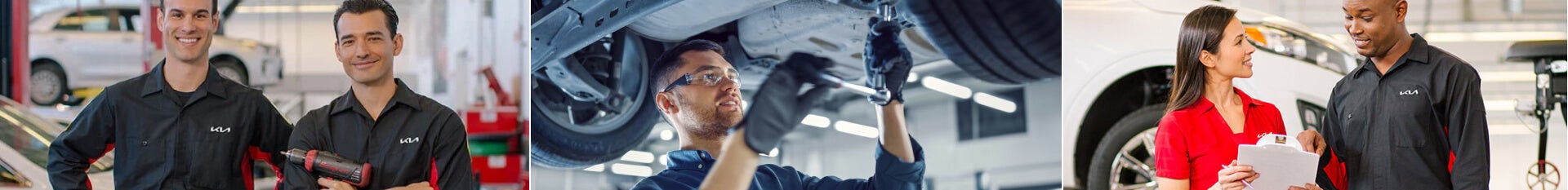 Auto repair technicians servicing vehicles and assisting customers